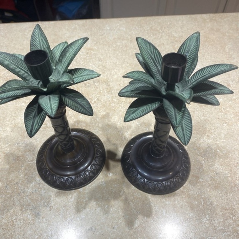 Pair of Brass Decorative Palm Tree Candle Sticks‎ 9 X 5 Made in India 690